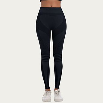 Womens's Seamless High Waist Ribbed Leggings with Sculpting Contour Panels and Compression Fit