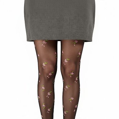 Women's Sheer Floral Embroidered Tights with Delicate Blossom Pattern and Stretch Fit