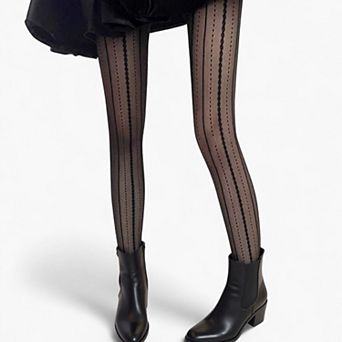 Women's Sheer Vertical Stripe Tights with Scalloped Pattern Detailing and Stretch Fit