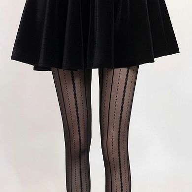 Women's Sheer Vertical Stripe Tights with Scalloped Pattern Detailing and Stretch Fit
