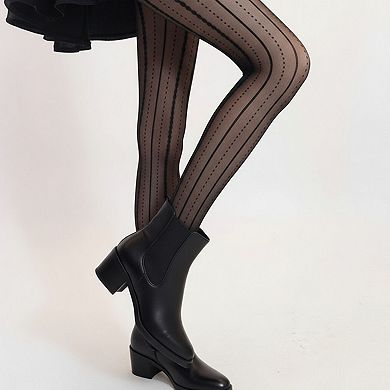 Women's Sheer Vertical Stripe Tights with Scalloped Pattern Detailing and Stretch Fit