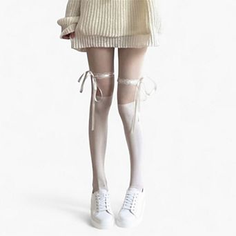 Women's Sheer Over-the-Knee Tights with Satin Ribbon Bow and Scalloped Edge Design