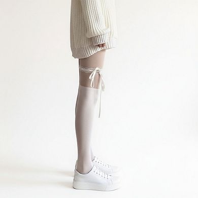 Women's Sheer Over-the-Knee Tights with Satin Ribbon Bow and Scalloped Edge Design