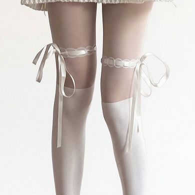 Women's Sheer Over-the-Knee Tights with Satin Ribbon Bow and Scalloped Edge Design