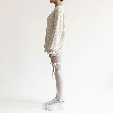 Women's Sheer Over-the-Knee Tights with Satin Ribbon Bow and Scalloped Edge Design