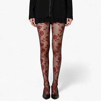 Women's Sheer Floral Pattern Tights with Bold Rose Motif and Stretch Mesh Design