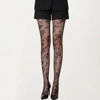 Women's Sheer Floral Pattern Tights with Bold Rose Motif and Stretch Mesh Design