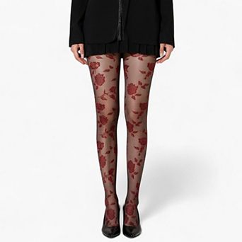 Women's Sheer Floral Pattern Tights with Bold Rose Motif and Stretch Mesh Design