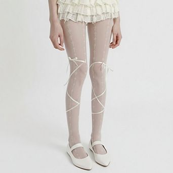 Women's Sheer Lace Pattern Tights with Ribbon Bow Wrap Detail and Stretch Fit