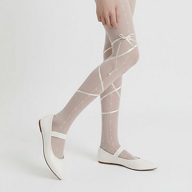 Women's Sheer Lace Pattern Tights with Ribbon Bow Wrap Detail and Stretch Fit