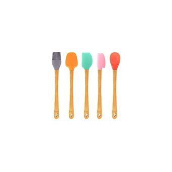 Cheer Collection Mini Silicone Spatula Set for Kids with Wooden Handles Baking Tools 5 pc