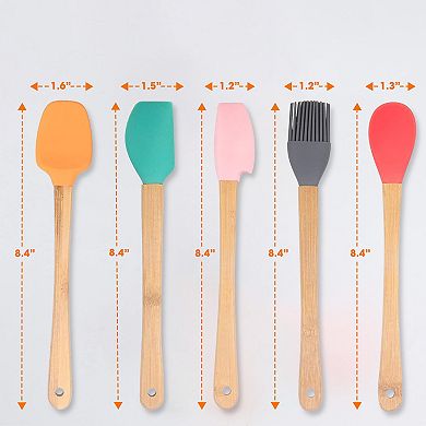 Cheer Collection Mini Silicone Spatula Set for Kids with Wooden Handles Baking Tools 5 Piece