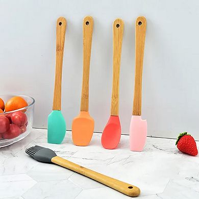 Cheer Collection Mini Silicone Spatula Set for Kids with Wooden Handles Baking Tools 5 Piece
