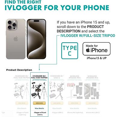 Movo iVlogger Vlogging Kit for iPhone with Fullsize Tripod