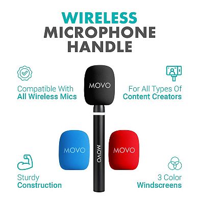 Movo WMX-HM2 Handheld Interview Mic Adapter for Wireless Microphones with 3 Color Windscreens