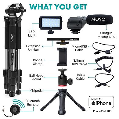 Movo USB-C Vlogging Kit for iPhone 15 and up with Fullsize Tripod