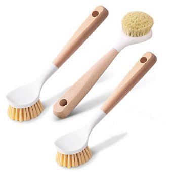 Cheer Collection Wood Dish Brush Set 3 Pack with Strong Bristles and Built In Scraper