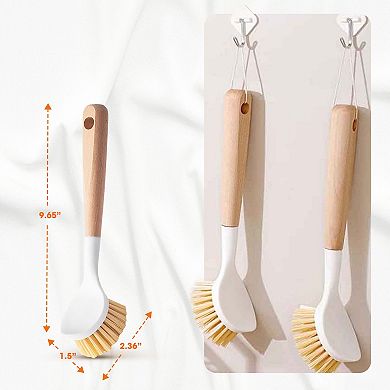Cheer Collection Wood Dish Brush Set 3 Pack with Strong Bristles and Built In Scraper