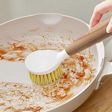 Cheer Collection Wood Dish Brush Set 3 Pack with Strong Bristles and Built In Scraper