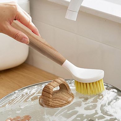 Cheer Collection Wood Dish Brush Set 3 Pack with Strong Bristles and Built In Scraper