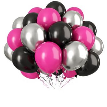 30 pc Hot Pink Black and Silver 12 Inch Latex Balloons with Ribbons for Party Decorations