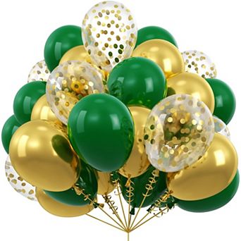 50 pc Green Gold Confetti Balloons with Ribbons for Graduation Birthday and Anniversary Decor