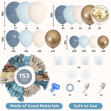 Boho Blue Garland Arch Set 153pcs Fog, Sand, Blue & Gold Balloons in Assorted Sizes for Shower