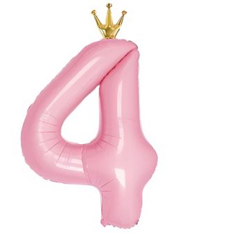 40 Inch Number 4 Balloon with Crown for 4Th Birthday Party Decorations and Sign Decor (Pink)