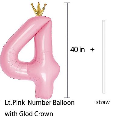 40 Inch Number 4 Balloon with Crown for 4Th Birthday Party Decorations and Sign Decor (Pink)