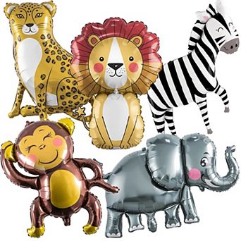 5 pc Jungle Safari Balloons with Lion Zebra Elephant Monkey for Baby Shower