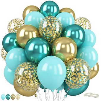 Teal Green Gold Blue Balloons 60 pc 12" Metallic & Confetti Party Set