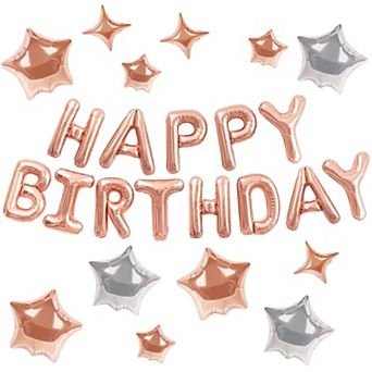 13 pc 16 Inch Rose Gold Happy Birthday Mylar Foil Letters with 12 Star Balloons for Party