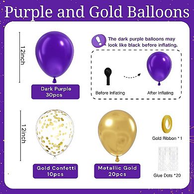 60 Pcs 12 Inch Purple Metallic Chrome Gold Confetti Balloons for Wedding Graduation Decor
