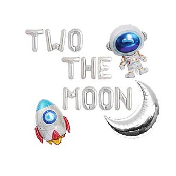 16 Inch Silver Letter Foil Balloons for 2nd Birthday Party with Moon Man Robot UFO Theme