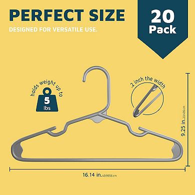 Lifemaster Kids Plastic Hangers 11.6" Space-Saving, Shoulder Notch, Holds 5 lbs, Pack of 20