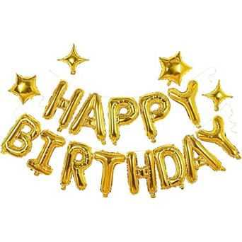 Gold Happy Birthday Banner Balloon Set with 16 Inch Letter and 10 Inch Star for Party Decor