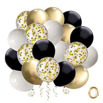 Black And Gold Confetti Balloons 50 Pack 12Inch White Latex Party Balloon Set With Gold Ribbon