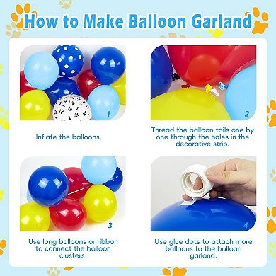 152 Pcs Paw Print Red Yellow Blue Balloon Garland Kit with Dog Bone