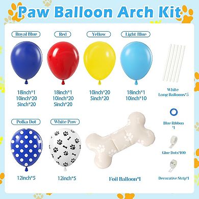152 Pcs Paw Print Red Yellow Blue Balloon Garland Kit with Dog Bone