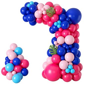 60 pc Royal Light Blue Pink Balloon Arch Kit with Palm Leaves