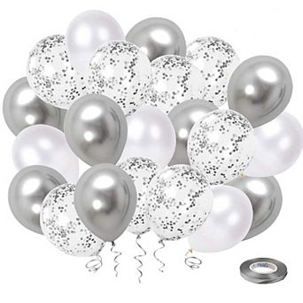 50 pc 12 Inch White Silver Confetti Latex Balloons with Ribbon for Wedding Baby Shower Decor