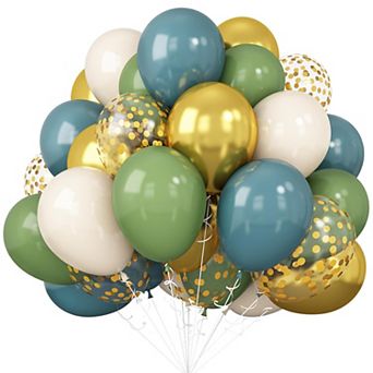 60 pc Green Blue Sage Gold Balloons for Jungle Woodland Safari Dino Birthday Party Decor