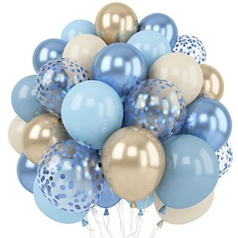 60 pc Dusty Blue Chrome and Gold Confetti Balloons for Baby Shower Gender Reveal Birthday