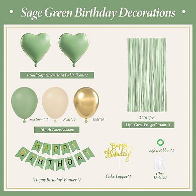 37 Pcs Sage Green Gold Nude Balloon Set with Banner and Fringe Curtain