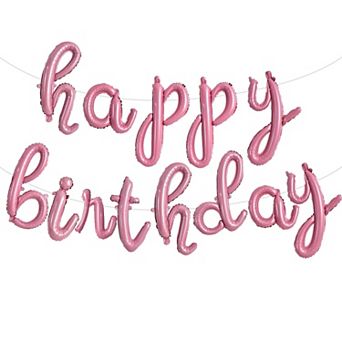 Light Pink Cursive Happy Birthday Balloons for Adults Mylar Foil Party Decorations