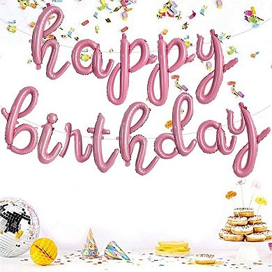 Light Pink Cursive Happy Birthday Balloons for Adults Mylar Foil Party Decorations