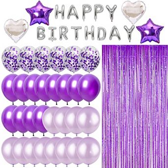 49 pc Purple Silver Birthday Party Supplies with Balloons Fringed Curtain and 16 Inch Banner