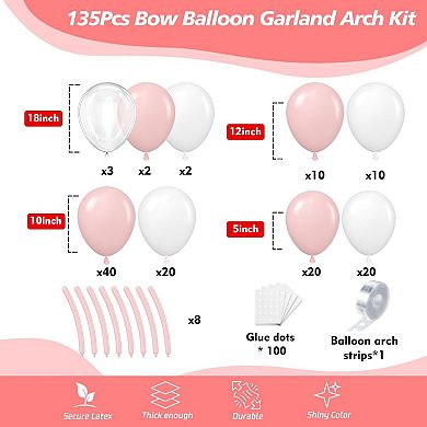 135 Pcs Pink White Coquette Bow Bridal Balloon Arch Kit for Parties