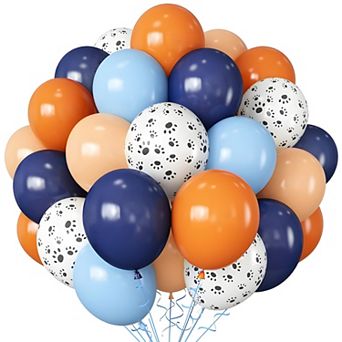 60 pc Dog Paw Print Balloons in Orange, Blue, and Beige for Puppy Themed Baby Shower Party