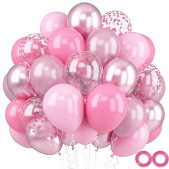 52 pc Metallic Chrome Pink Latex Balloons with Pink Confetti for Girl Women's Party Decorations